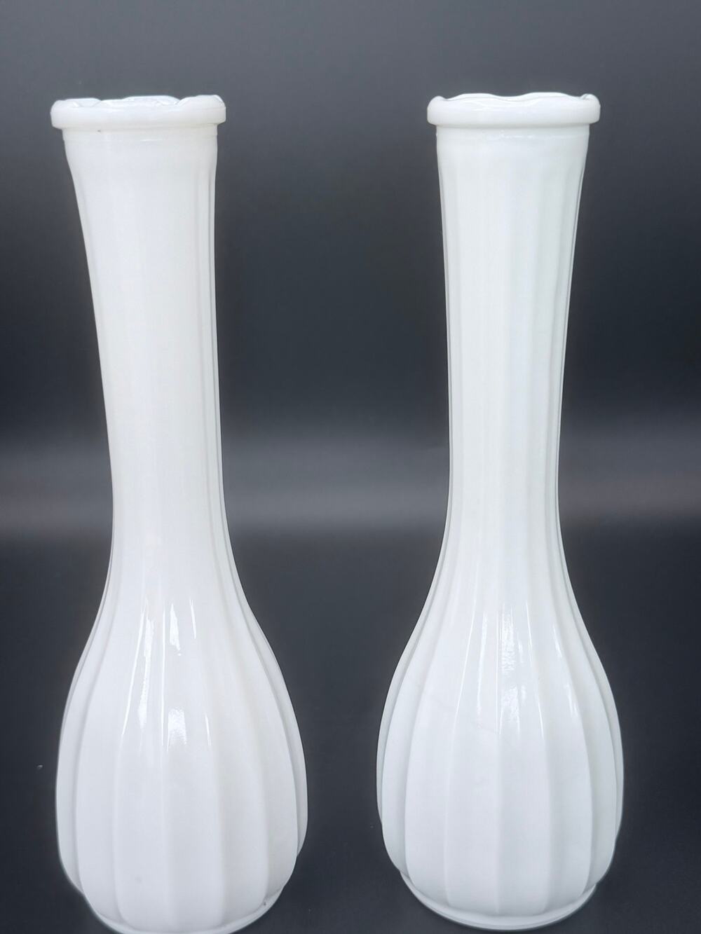 Vintage CLG Co Milk Glass Bud Vases Set of 2 Fluted Scalloped Rim 9.25in